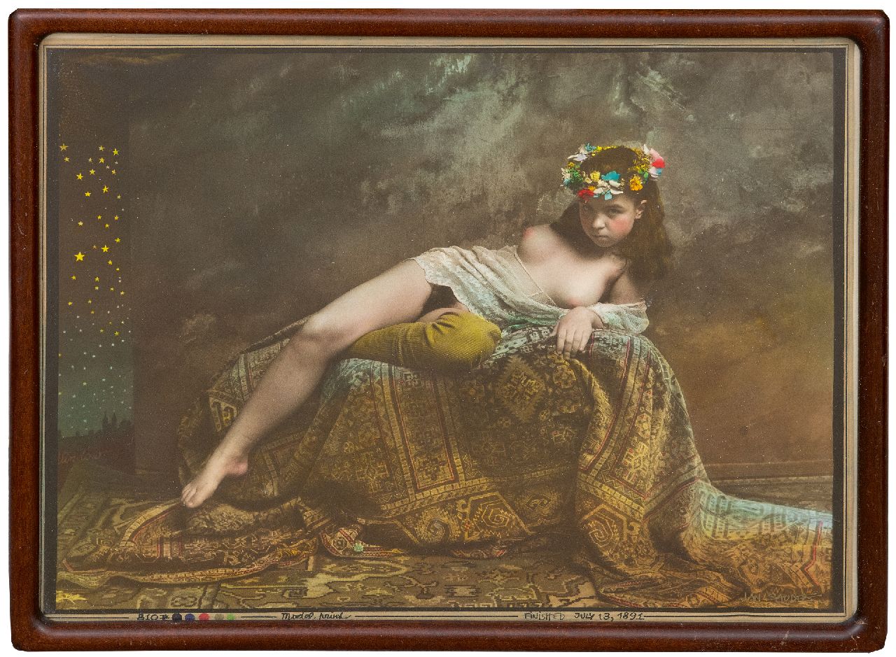 Saudek J.  | Jan Saudek, Reclining nude with coronet of flowers, photo, silver gelatin print, hand colored 29.9 x 40.0 cm, signed l.r. and executed ca. 1960-1995