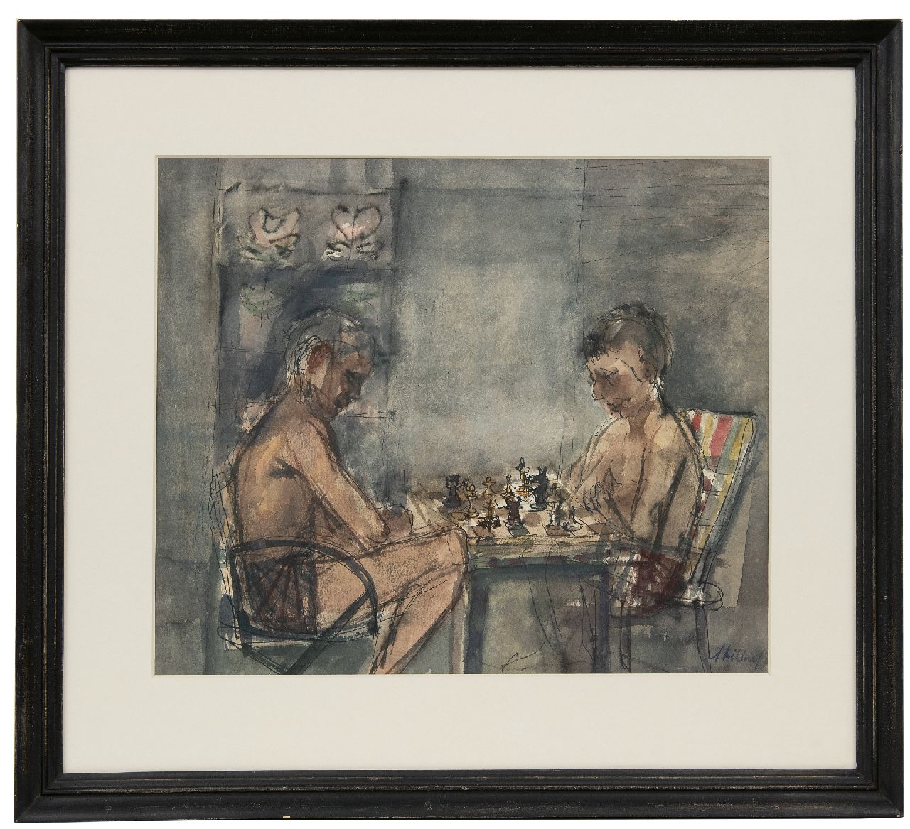Kikkert A.  | Adriaan 'Ad' Kikkert | Watercolours and drawings offered for sale | Chess players in café Pardoel, Rotterdam, ink and watercolour on paper 30.7 x 41.6 cm