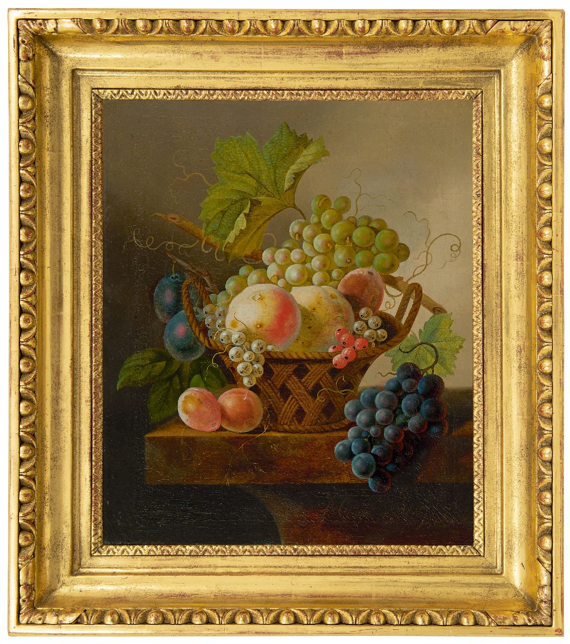 Bruyn J.C. de | Johannes Cornelis de Bruyn | Paintings offered for sale | Still life with grapes and peaches in a basket, oil on canvas 43.8 x 36.0 cm, signed l.r.