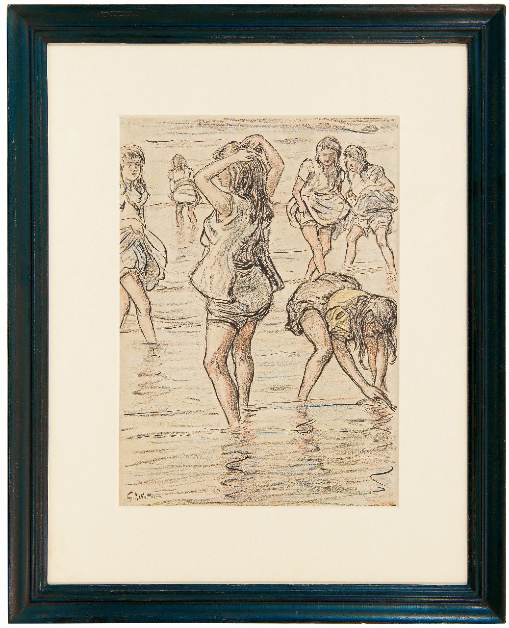 Staller G.J.  | Gerard Johan Staller | Watercolours and drawings offered for sale | Girls paddling in the sea, chalk and Indian ink on paper 33.8 x 24.0 cm, signed l.l.