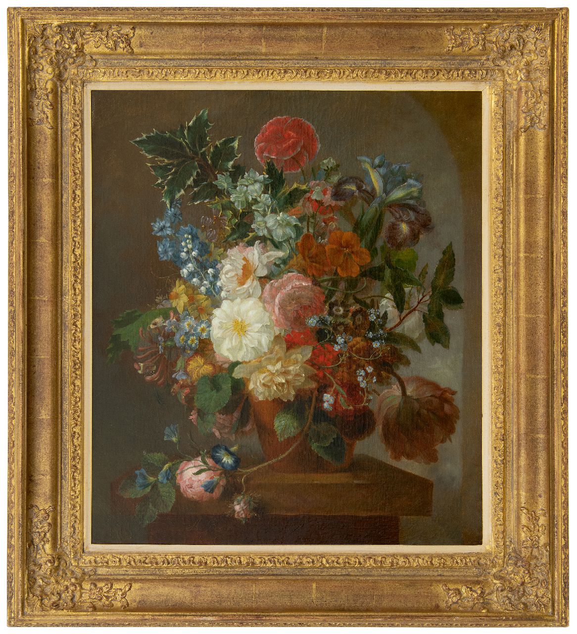Reijerman A.  | Annette 'Anna' Reijerman, A flower still life on a marble ledge, oil on canvas 59.7 x 51.6 cm, signed l.l. with initials