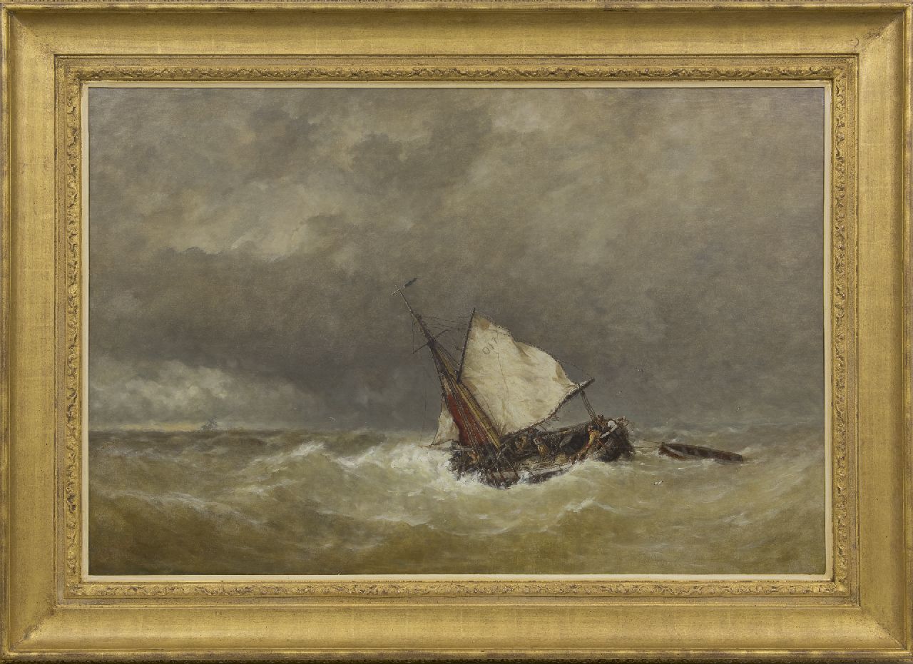 Schütz J.F.  | Jan Frederik Schütz, Sailing vessel in a storm at sea, oil on canvas 70.3 x 105.2 cm, signed l.l. and dated '53 and '87