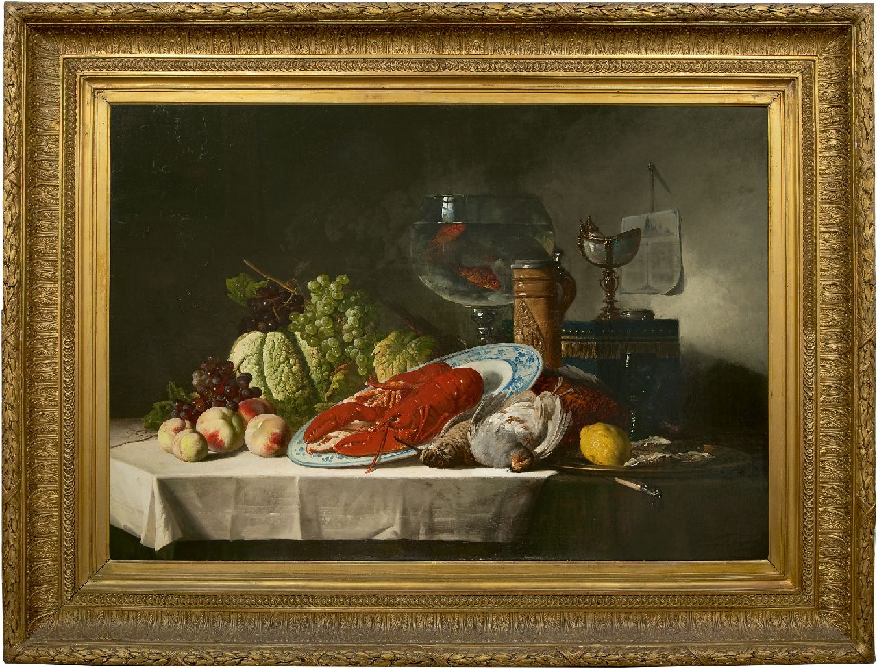Schaefels L.V.  | Lucas Victor 'Luc' Schaefels, Still life with a lobster and fish bowl, oil on canvas 91.2 x 130.3 cm, signed l.r. and dated 1878