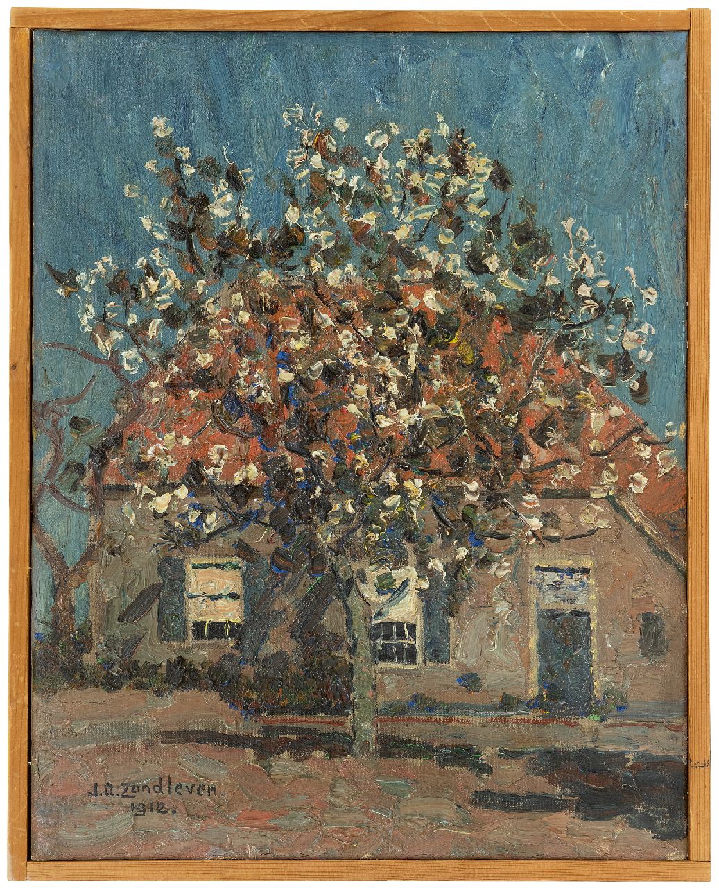 Zandleven J.A.  | Jan Adam Zandleven | Paintings offered for sale | Flowering fruit tree in front of a farm, oil on canvas laid down on panel 40.2 x 32.1 cm, signed l.l. and dated 1912