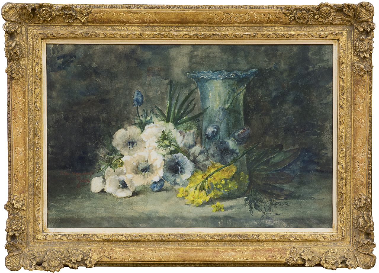 Hogendorp-'s Jacob A.J. van | Adrienne Jacqueline van Hogendorp-'s Jacob, Flowers and a glass vase on a stone table, watercolour on paper 35.5 x 55.0 cm, signed l.l.