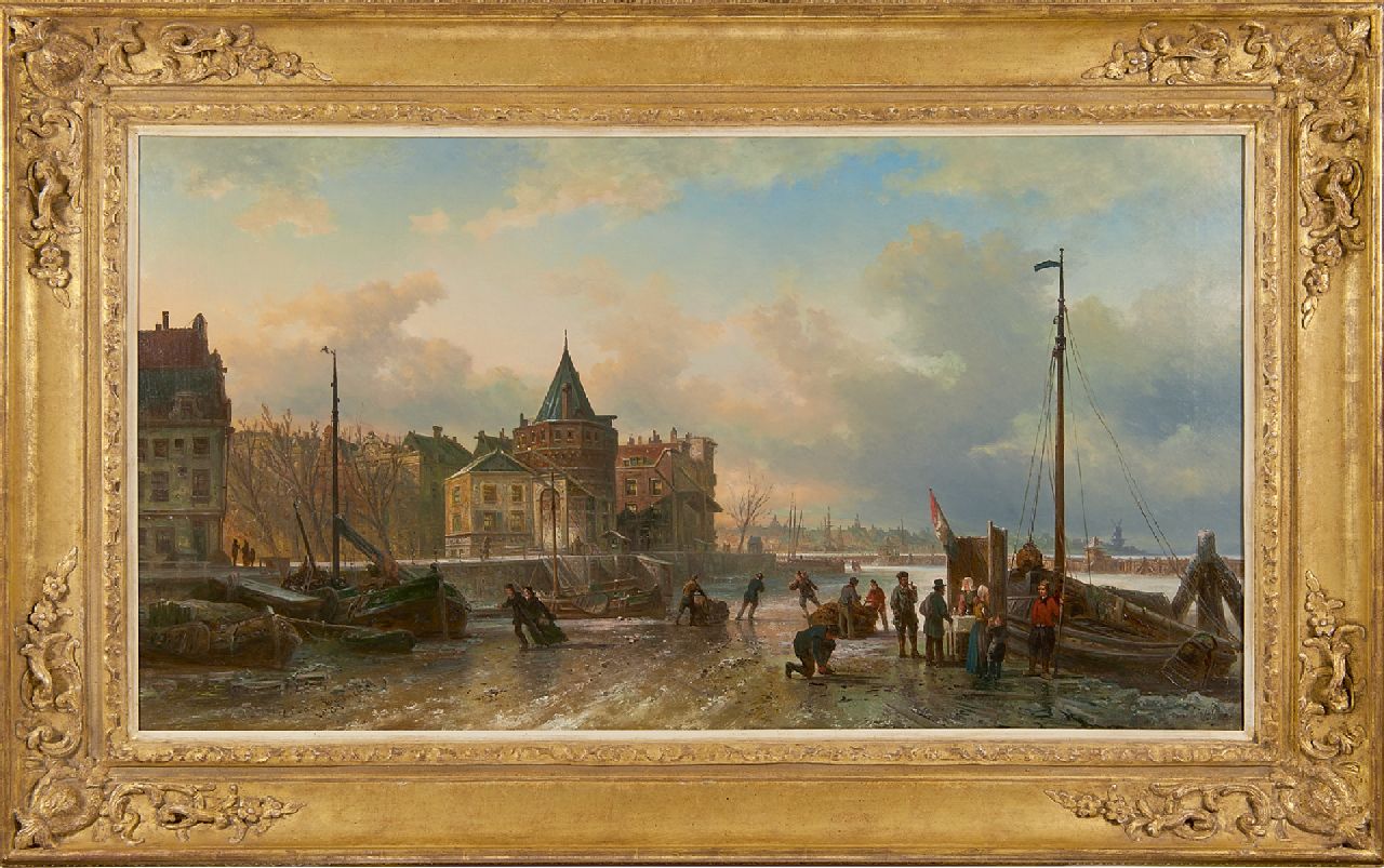 Bommel E.P. van | Elias Pieter van Bommel, On the ice near the Schreierstoren, Amsterdam, oil on canvas 54.3 x 100.4 cm, signed l.l. and dated 1883