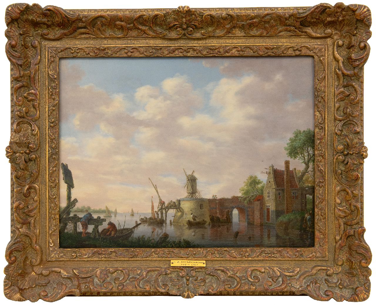 Schweickhardt H.W.  | Heinrich Wilhelm Schweickhardt | Paintings offered for sale | A Dutch river landscape with fishermen, oil on panel 30.8 x 42.2 cm, signed l.l. on a wooden fence