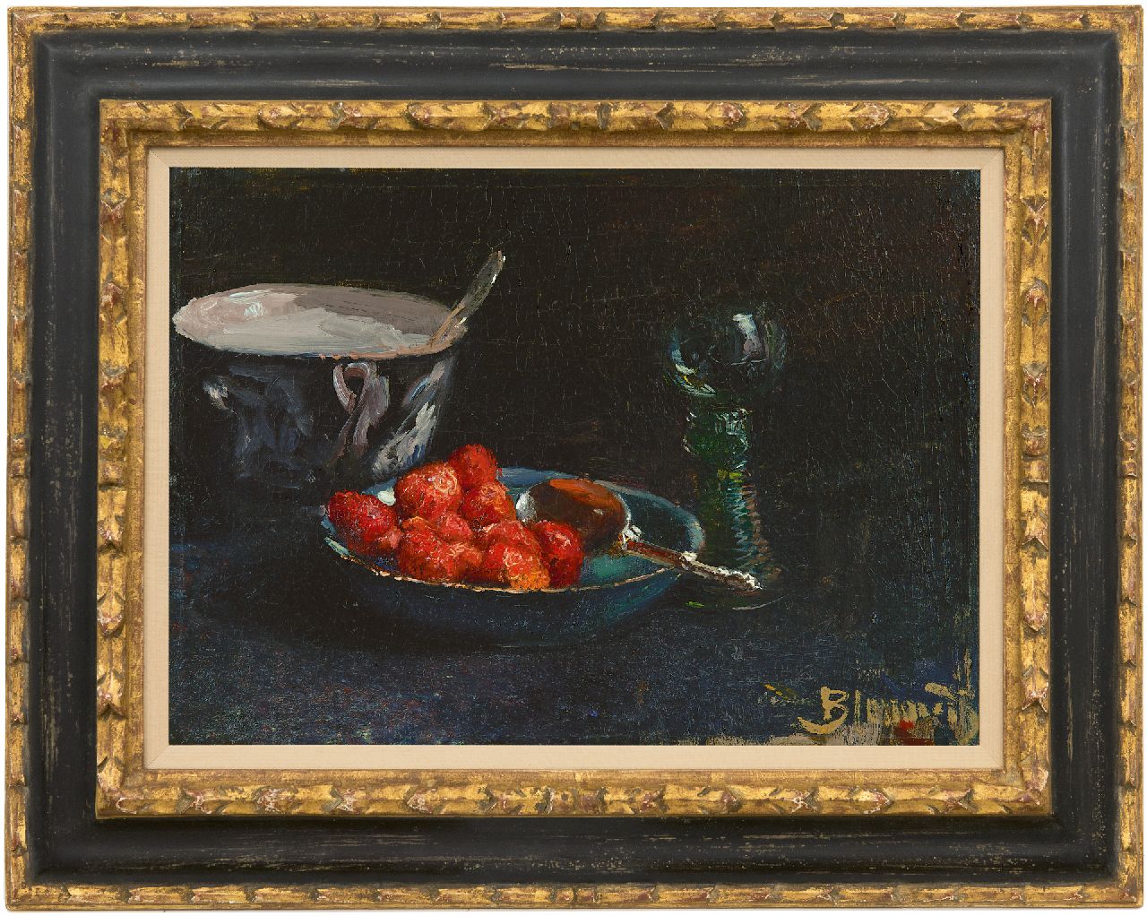Blommers B.J.  | Bernardus Johannes Blommers | Paintings offered for sale | Strawberries with whipped cream and a Rhine wine glass, oil on canvas 28.8 x 40.0 cm, signed l.r. and painted ca. 1880