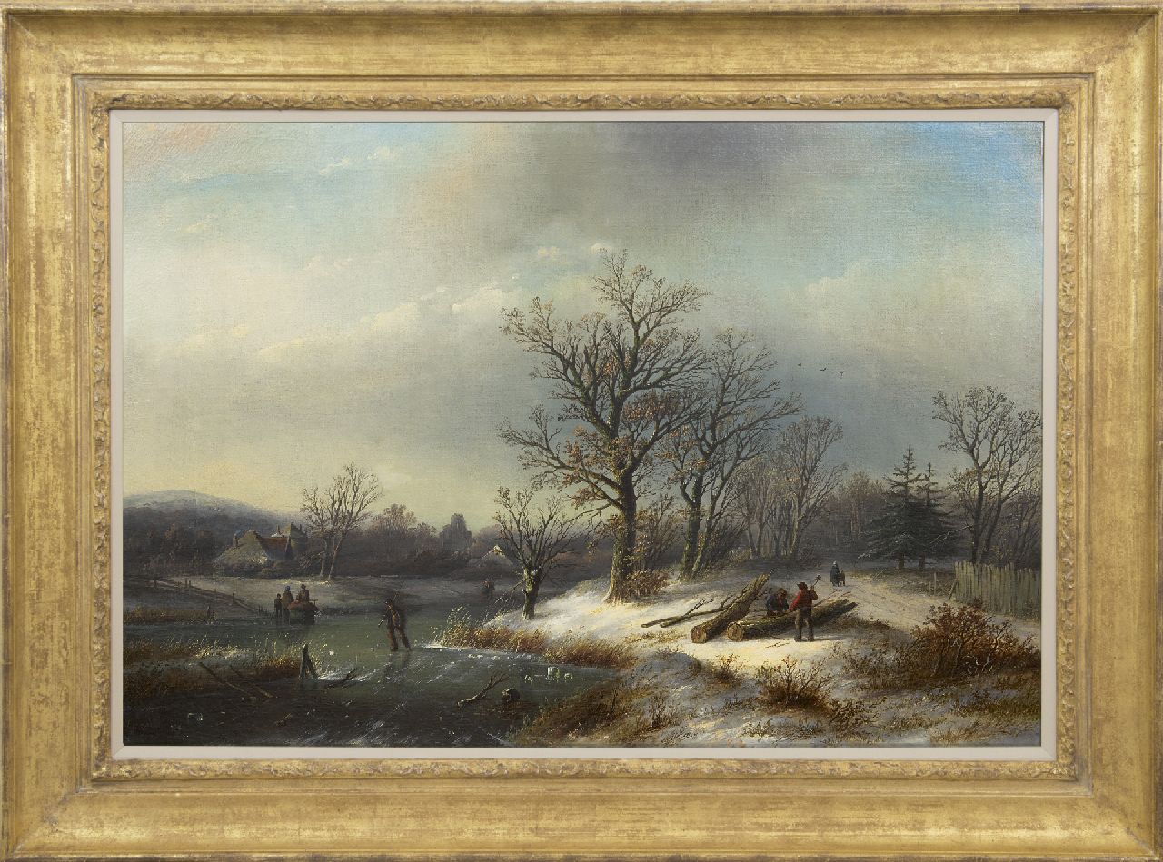 Spohler J.J.C.  | Jacob Jan Coenraad Spohler, Winter landscape with jumberjacks and skaters, oil on canvas 65.0 x 95.3 cm, signed l.l.