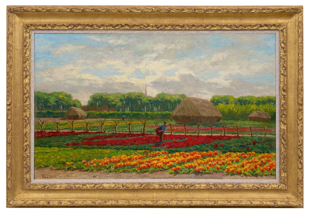 Bleckmann W.C.C.  | Wilhelm Christiaan Constant Bleckmann, Farmers working in a bulb field, oil on canvas 58.4 x 95.5 cm, signed l.l.