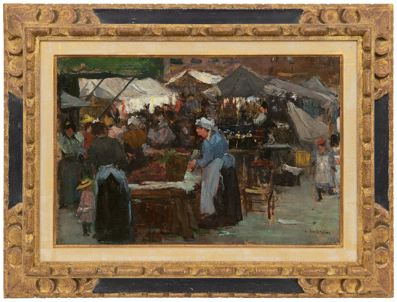 Arntzenius P.F.N.J.  | Pieter Florentius Nicolaas Jacobus 'Floris' Arntzenius | Paintings offered for sale | Market scene, The Hague, oil on canvas laid down on panel 31.3 x 47.2 cm, signed l.r.