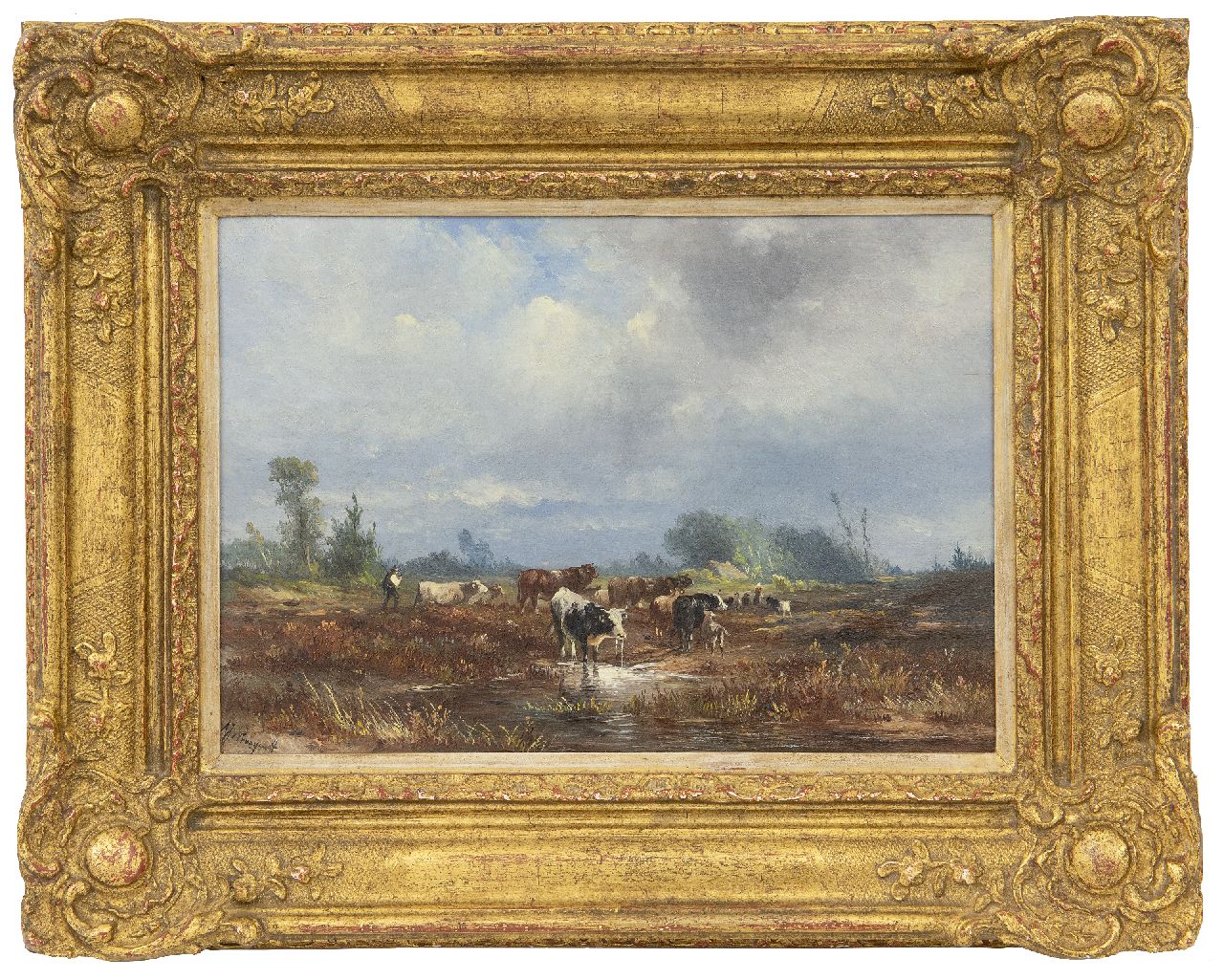 Prooijen A.J. van | Albert Jurardus van Prooijen | Paintings offered for sale | Heathland with shepherds and flock, oil on panel 19.7 x 28.5 cm, signed l.l.