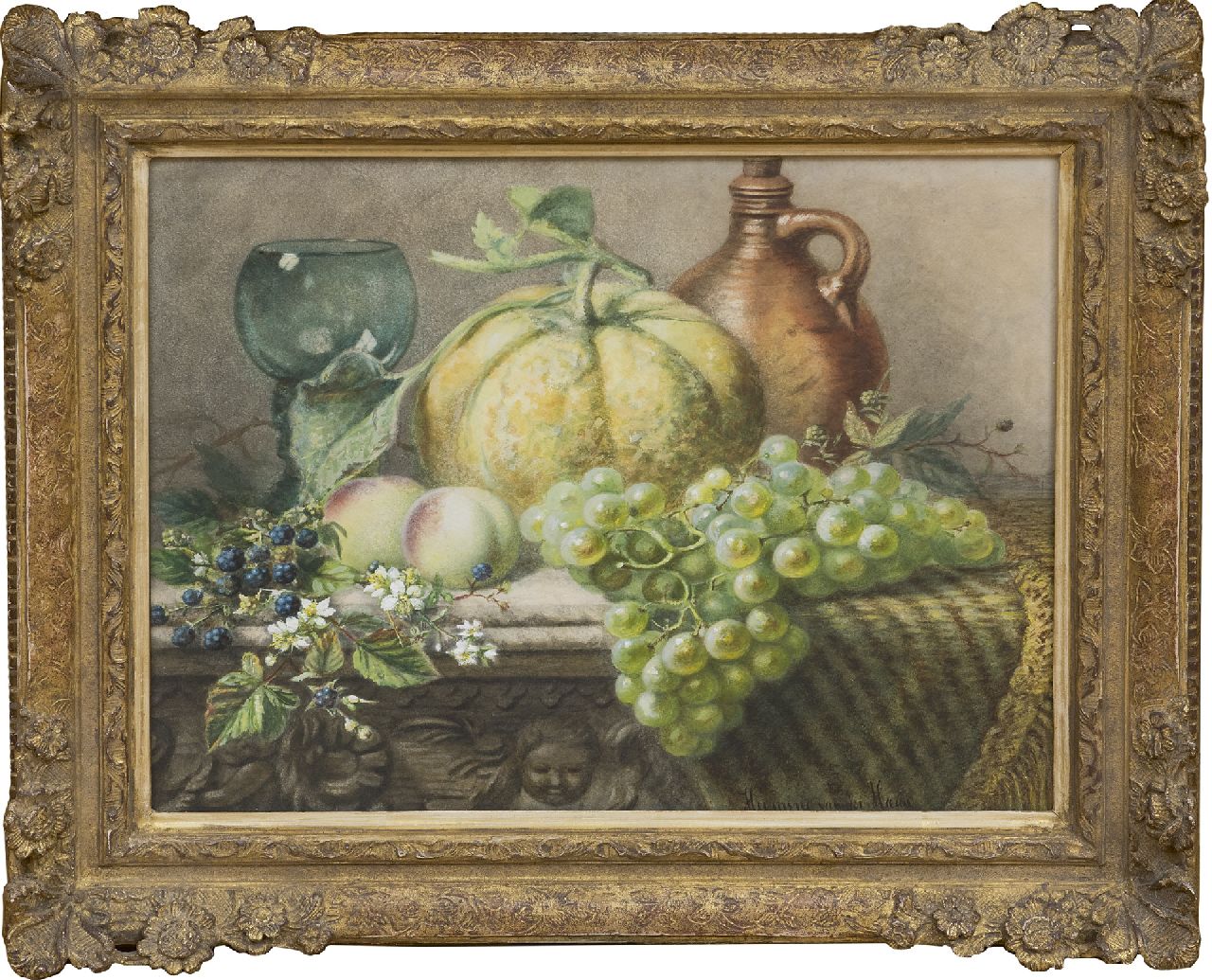 Haas C.P.H. van der | Charlotte Petronella 'Hermina' van der Haas | Watercolours and drawings offered for sale | Still life with fruit and a rummer, watercolour on paper 39.1 x 48.8 cm, signed l.r.