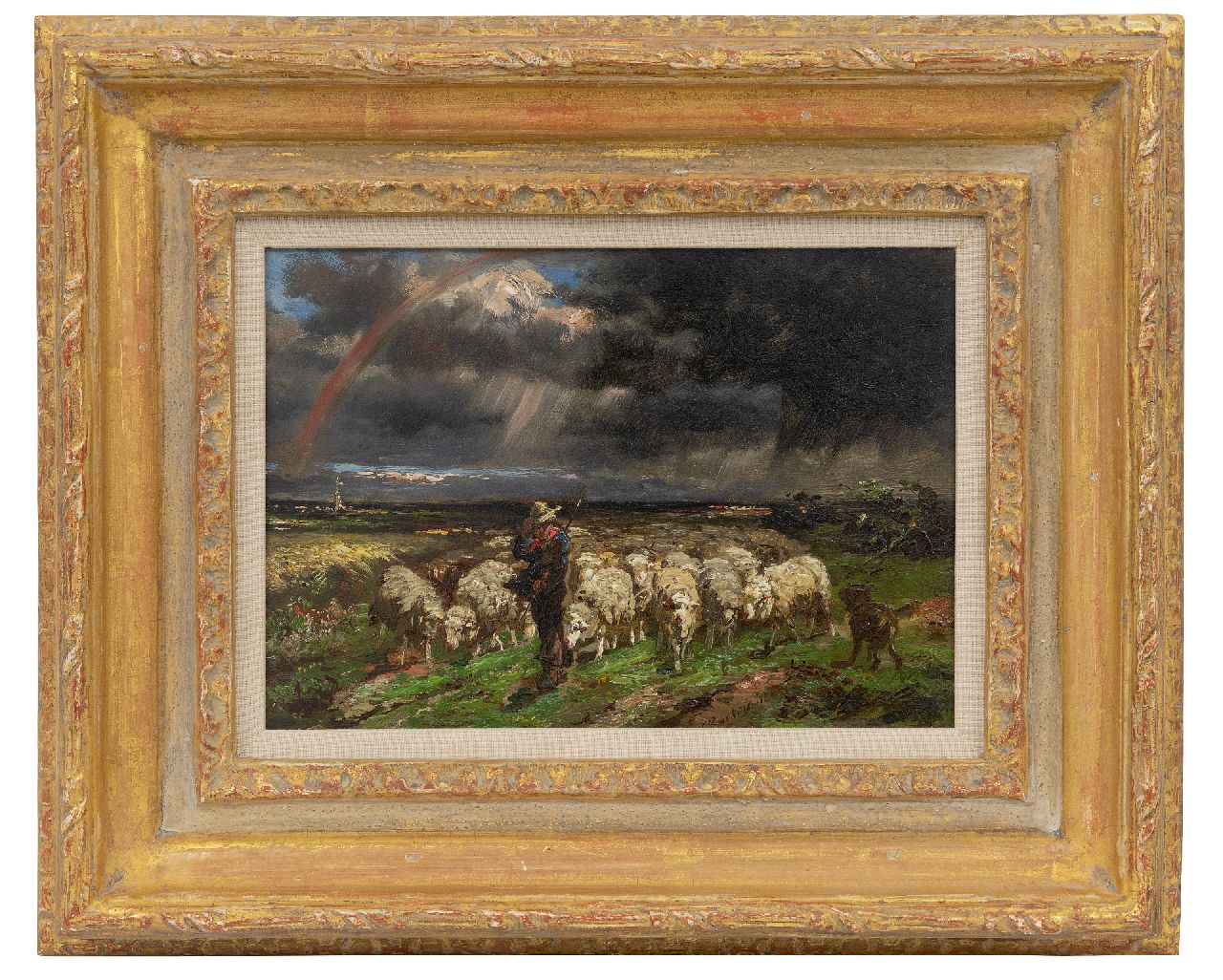 Franse School, 19e eeuw   | Franse School, 19e eeuw | Paintings offered for sale | A flock of sheep fleeing from the thunder/rainbow, oil on panel 18.7 x 27.0 cm, signed c.r.