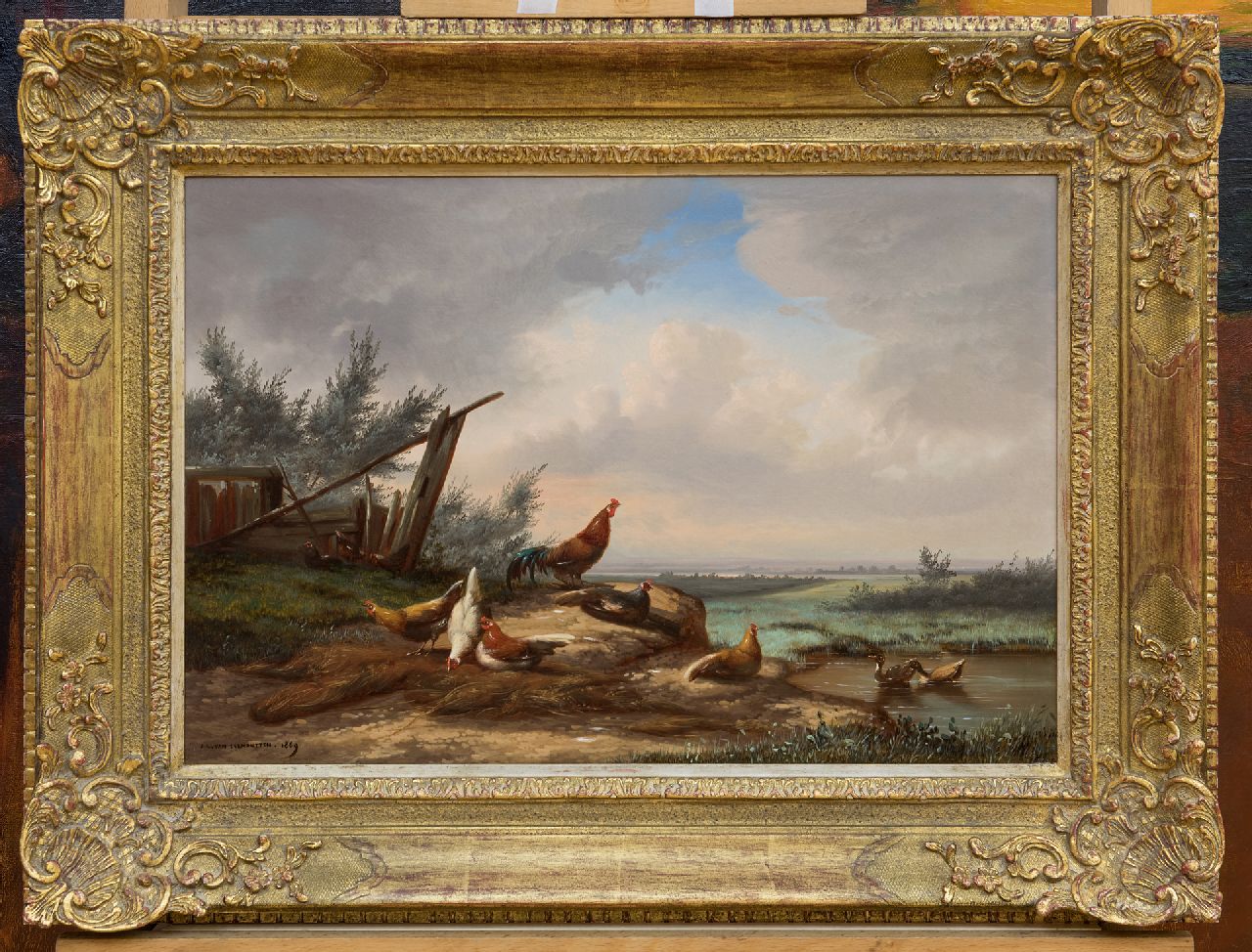 Leemputten J.L. van | Jean-Baptiste Leopold van Leemputten | Paintings offered for sale | Rooster and chickens by a fence, oil on panel 33.0 x 48.2 cm, signed l.l. and dated 1869