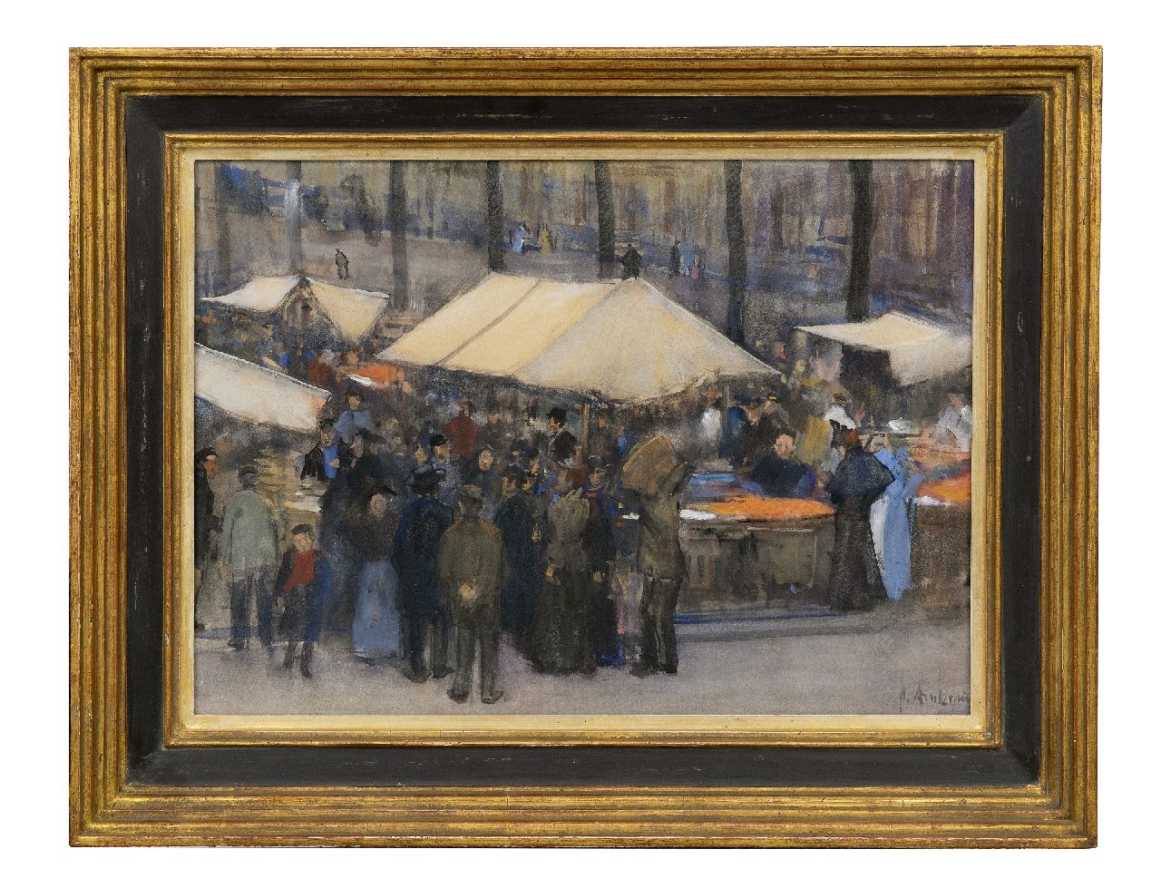 Arntzenius P.F.N.J.  | Pieter Florentius Nicolaas Jacobus 'Floris' Arntzenius | Watercolours and drawings offered for sale | Market scene, Prinsegracht,  The Hague, watercolour on paper 32.2 x 43.1 cm, signed l.r.