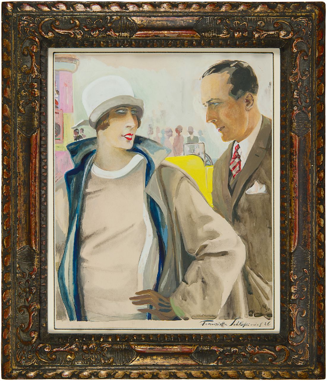 Schlopsnies F.  | Franziska Schlopsnies, Elegant couple, watercolour and gouache on paper 27.5 x 21.9 cm, signed l.r. and dated '26