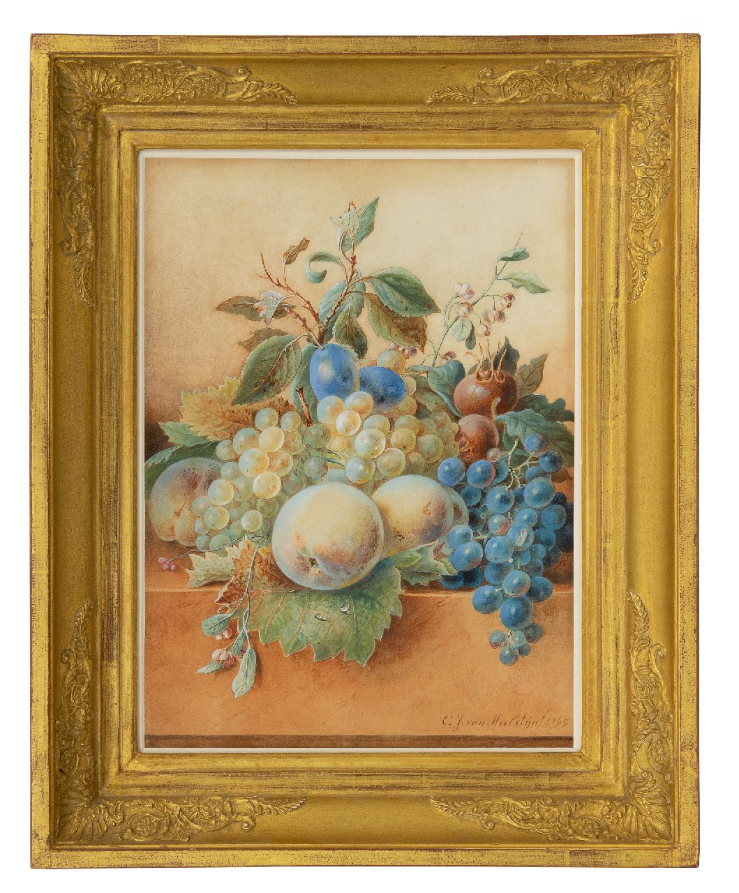 Hulstijn C.J. van | Cornelis Johannes 'Johan' van Hulstijn | Watercolours and drawings offered for sale | Still life with fruit on a marble ledge, watercolour on paper 37.3 x 27.4 cm, signed l.r. and dated 1869