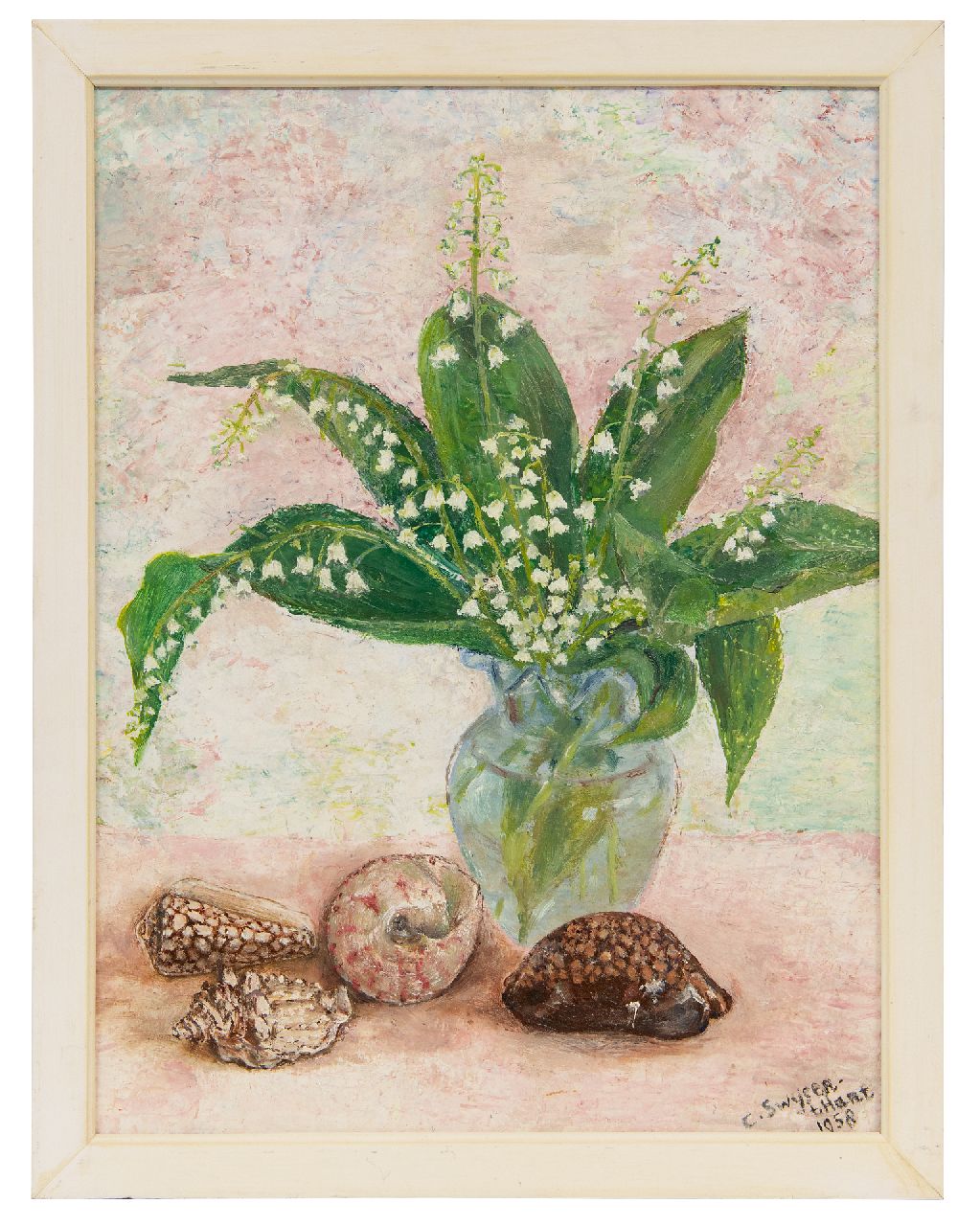 Swijser-'t Hart C.C.M.  | Catharina 'Christina' Maria Swijser-'t Hart | Paintings offered for sale | Still life with lilies of the valley, oil on board 37.5 cm, signed l.r. and dated 1958