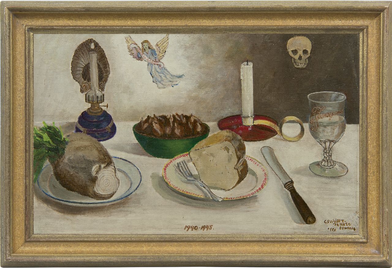 Swijser-'t Hart C.C.M.  | Catharina 'Christina' Maria Swijser-'t Hart | Paintings offered for sale | Dinner table 1940-1945, oil on canvas laid down on panel 34.7 x 55.9 cm, signed l.r. and dated 'Den Haag' 1955