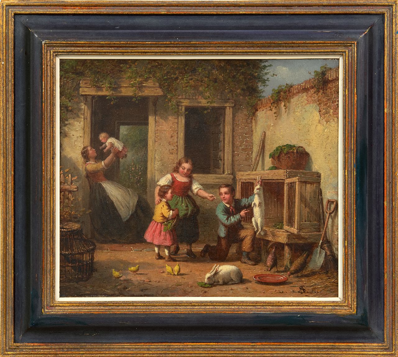 Scheerboom A.  | Andries Scheerboom | Paintings offered for sale | Playing with the rabbit, oil on canvas 25.8 x 30.8 cm, signed l.r. with monogram and dated 1866