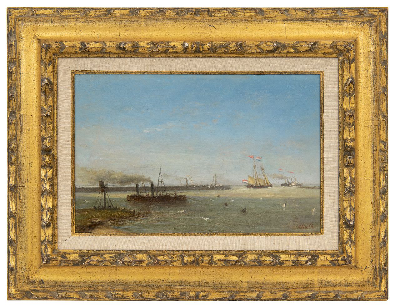Hulk H.  | Hendrik Hulk | Paintings offered for sale | A jetty with sailing ship and steamer, oil on panel 17.3 x 26.8 cm, signed l.r.