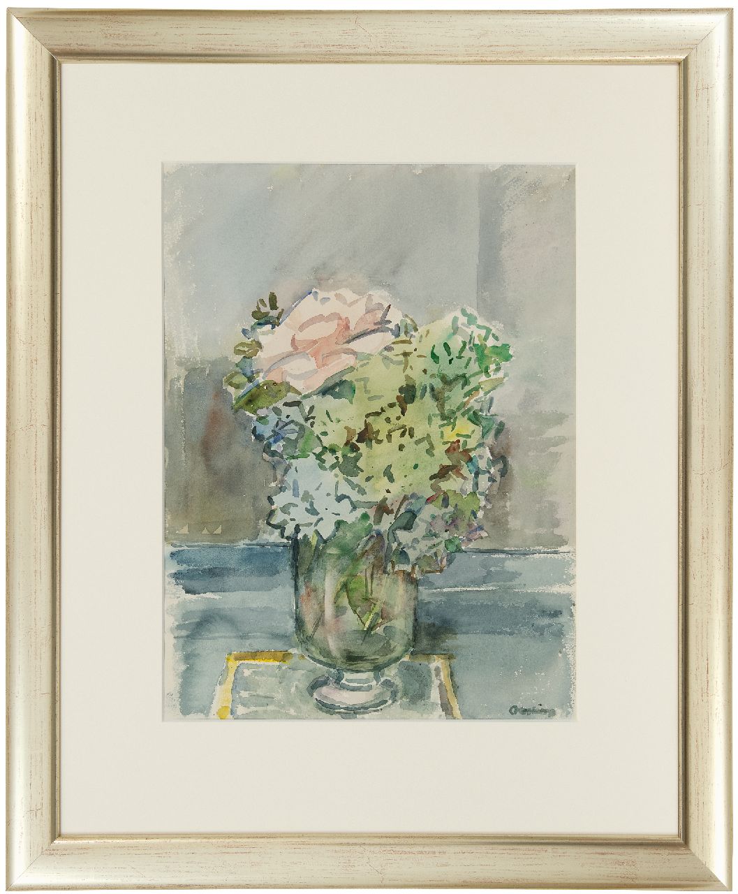 Bieruma Oosting A.J.W.  | Adriana Johanna Wilhelmina 'Jeanne' Bieruma Oosting, Hydrangeas and a climbing rose in a vase, watercolour on paper 49.3 x 36.0 cm, signed l.r.