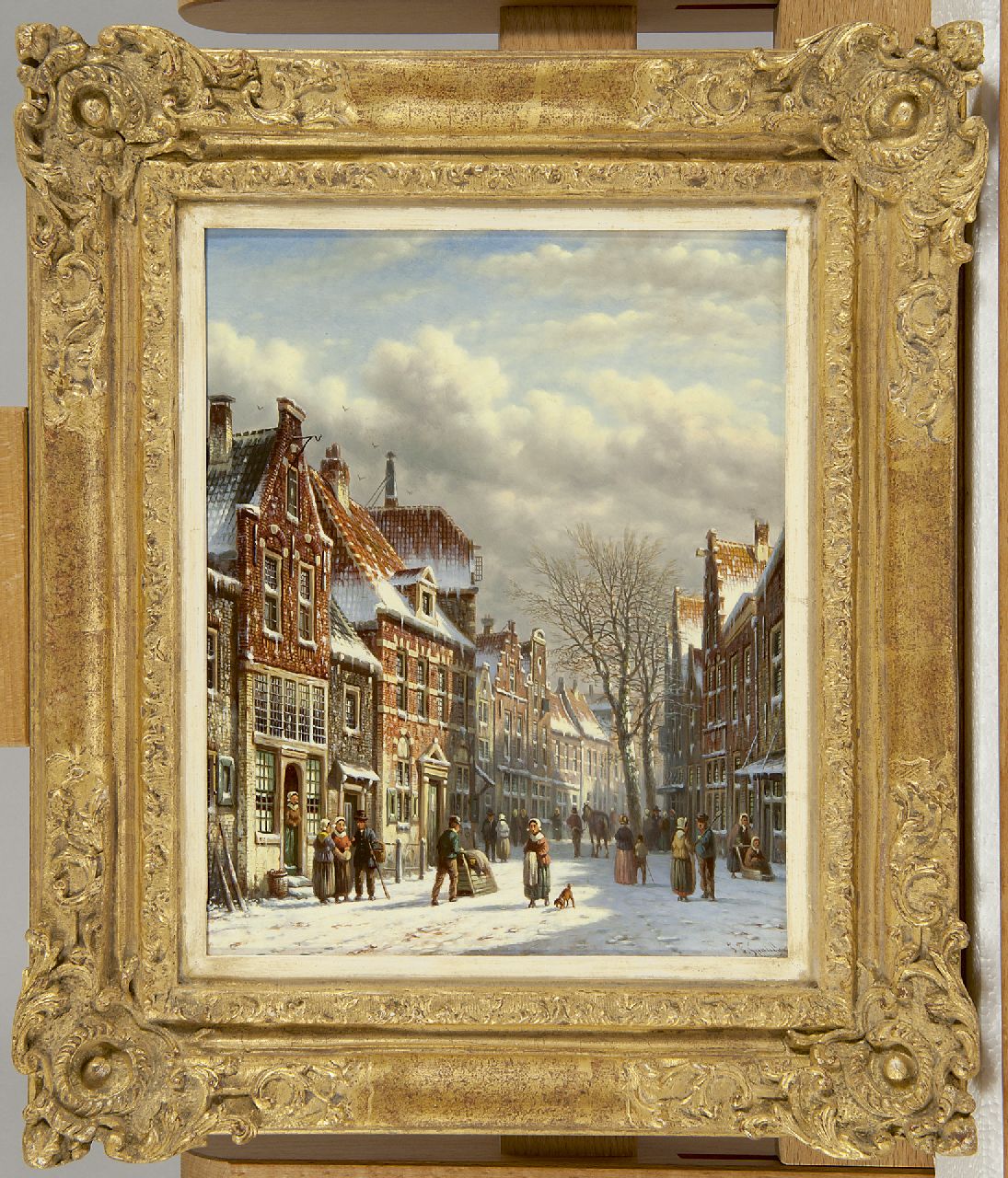 Spohler J.F.  | Johannes Franciscus Spohler, Figures in a snowy street, oil on panel 26.3 x 21.6 cm, signed l.r.