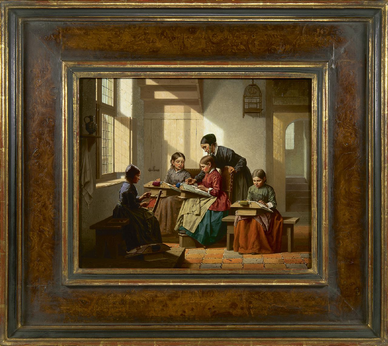 Grips C.J.  | Carel Jozeph Grips, Learning to make lace, oil on panel 28.6 x 35.1 cm, signed l.r. and dated 1861