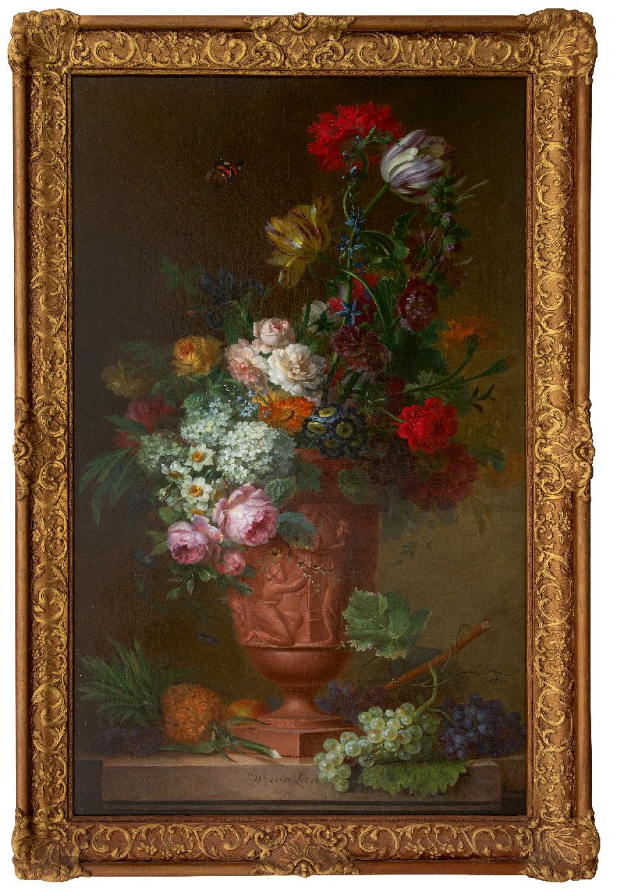 Leen W. van | Willem van Leen, A still life with flowers and fruit, oil on canvas 130.5 x 75.2 cm, signed l.c.