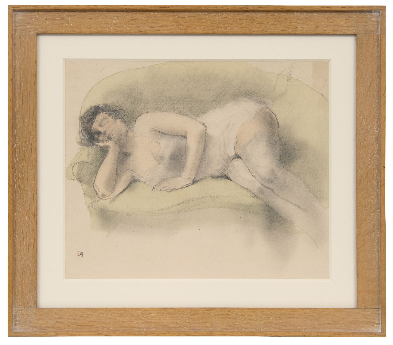Rassenfosse A.L.  | André Louis 'Armand' Rassenfosse | Watercolours and drawings offered for sale | Nude on a sofa, chalk and watercolour on paper 19.0 x 24.0 cm, signed l.l. with artist's stamp