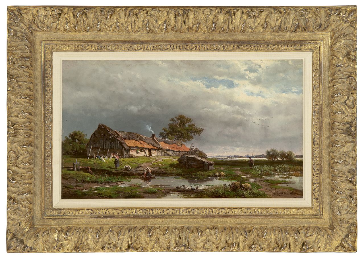 Roelofs W.  | Willem Roelofs, Activity by a cottage, oil on panel 20.2 x 33.4 cm, signed l.r. and dated 1856