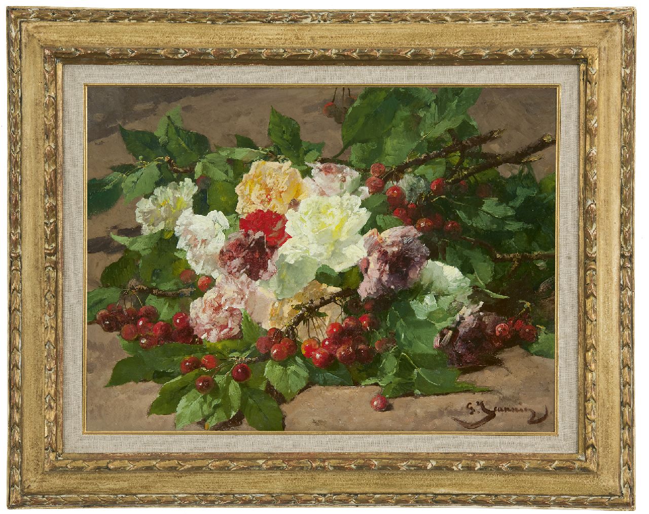 Jeannin G.  | Georges Jeannin, Cherry branches and roses on the forest floor, oil on canvas 41.8 x 56.7 cm, signed l.r.