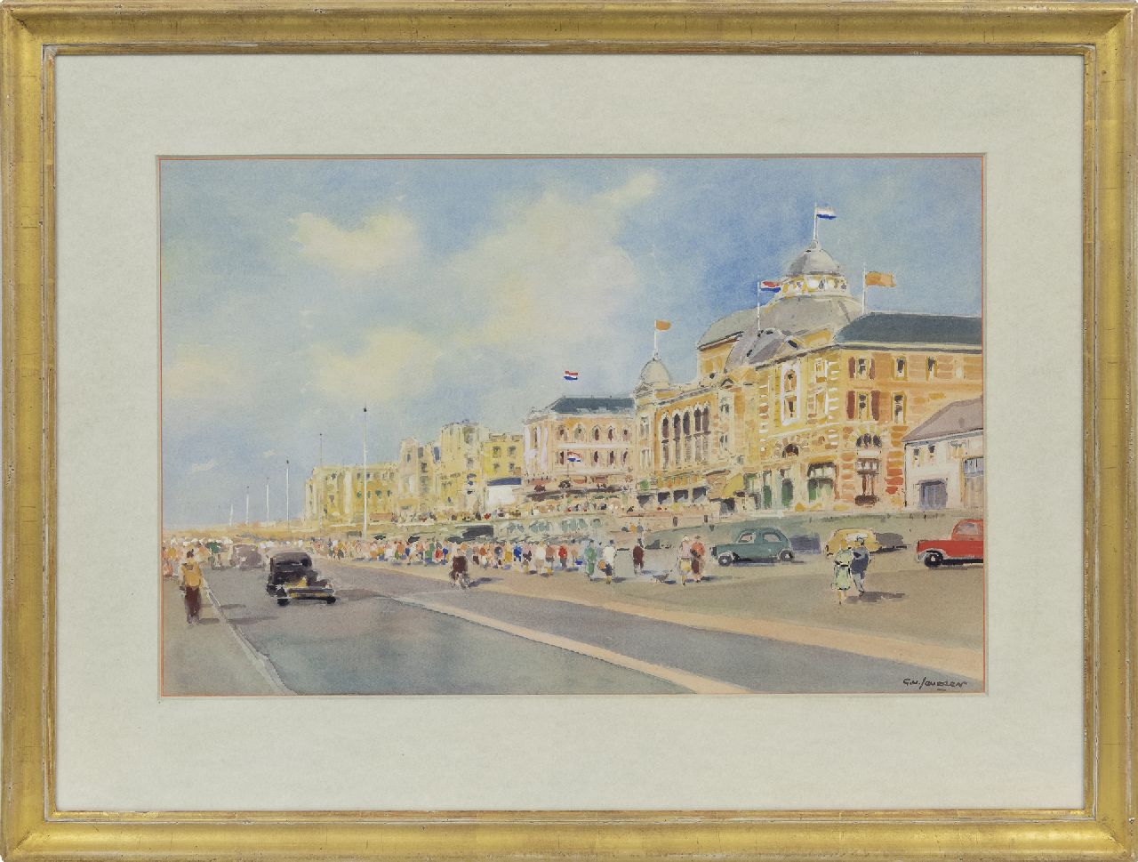Jeveren G. van | Gerrit van Jeveren | Watercolours and drawings offered for sale | The promenade of Scheveningen, watercolour on paper 35.3 x 53.7 cm, signed l.r. and painted 1950s