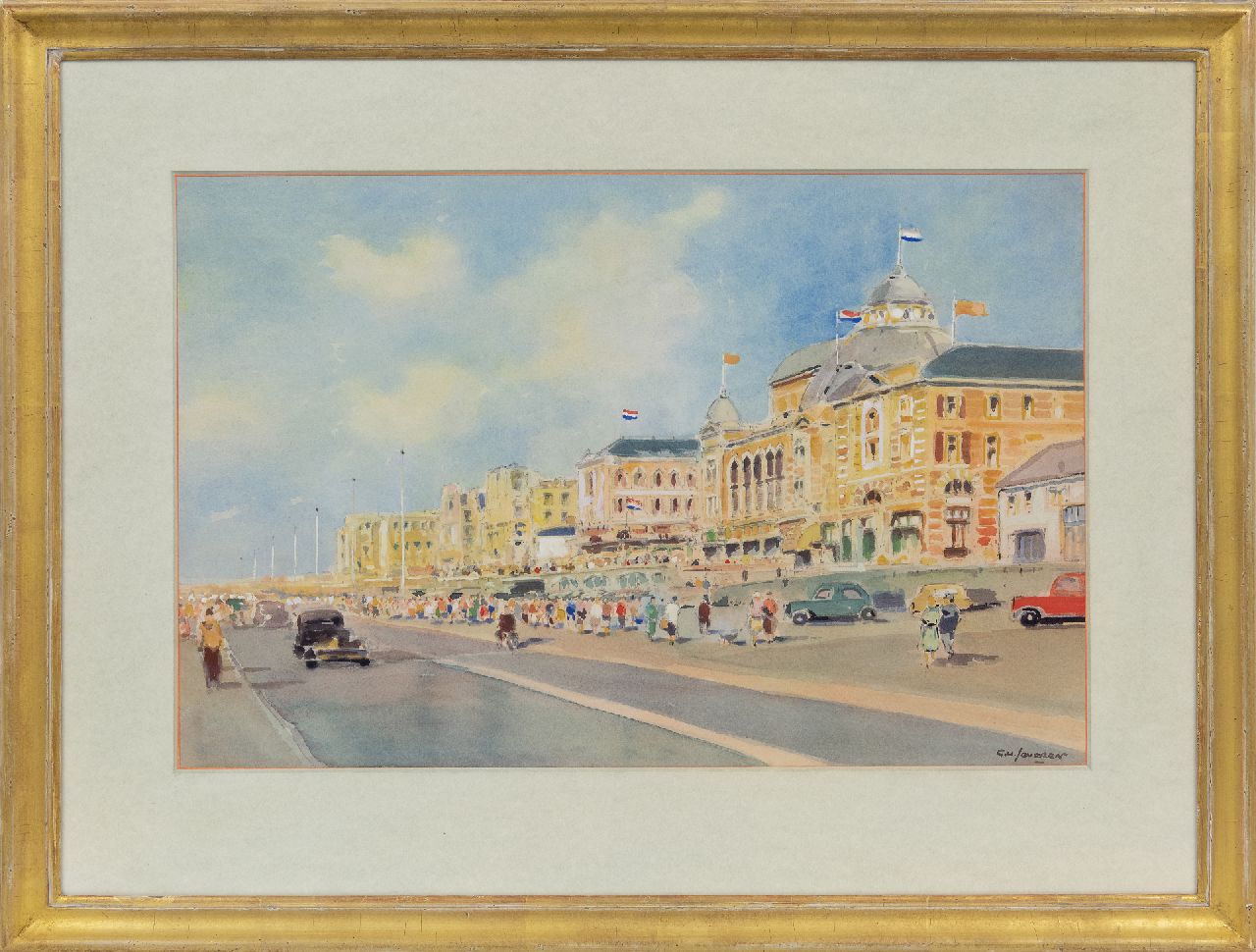 Jeveren G. van | Gerrit van Jeveren | Watercolours and drawings offered for sale | The promenade of Scheveningen, watercolour on paper 35.3 x 53.7 cm, signed l.r. and painted 1950s