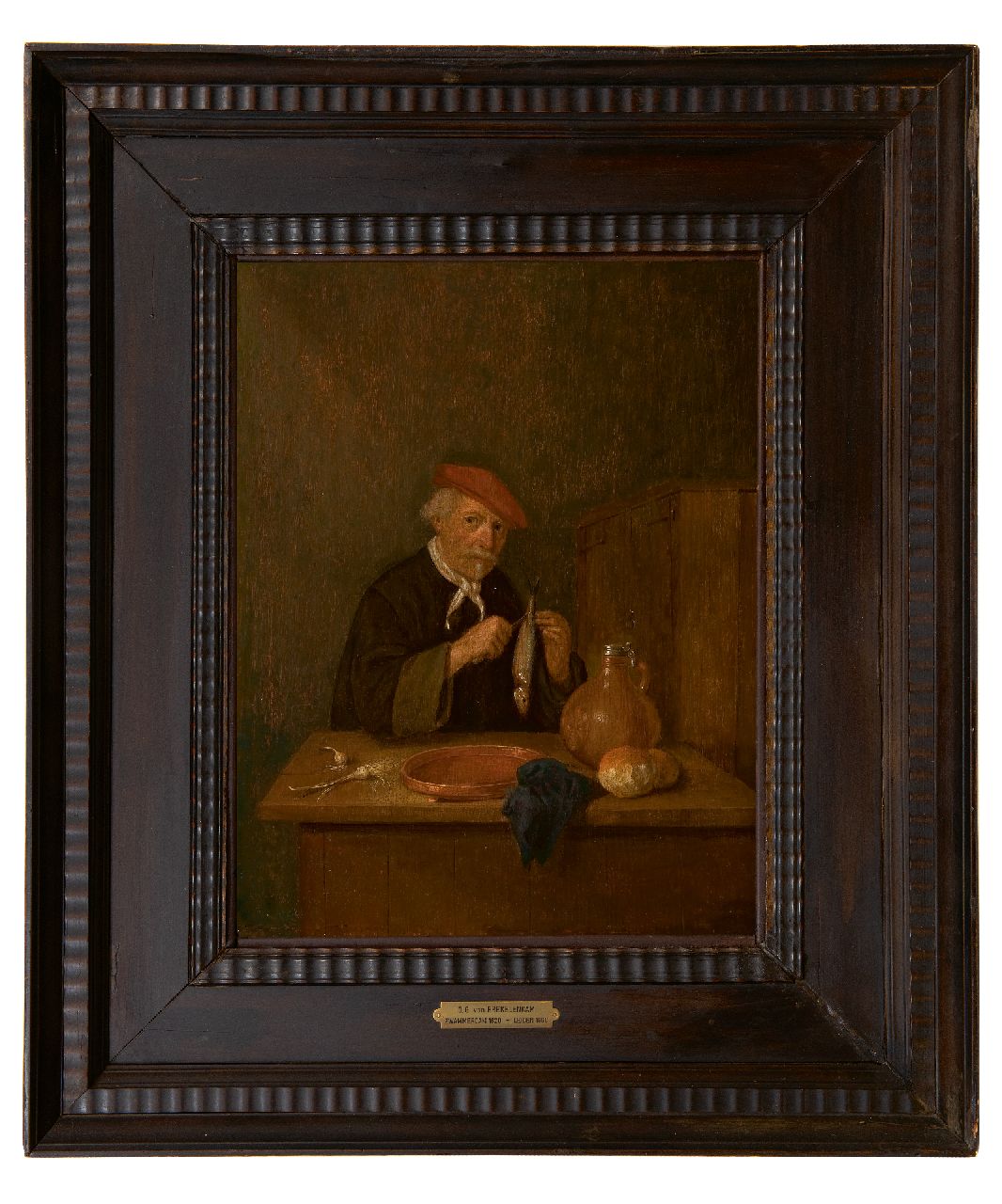 Brekelenkam Q.G. van | Quiringh Gerritz. van Brekelenkam | Paintings offered for sale | A man with a herring, oil on panel 39.5 x 30.4 cm, signed l.r. with initials and dated 1665