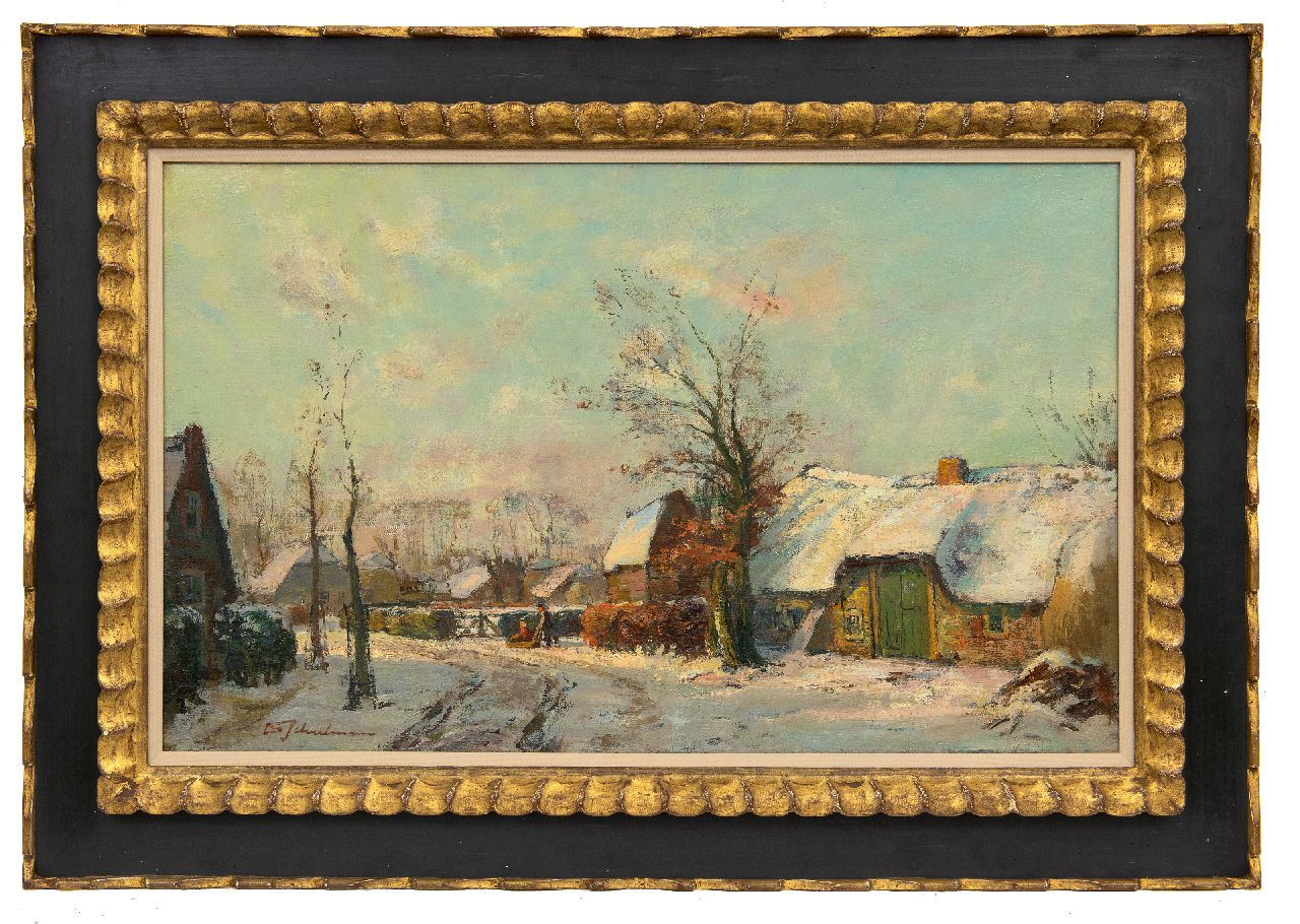 Schulman D.  | David Schulman | Paintings offered for sale | A farmer's couple in the snow, Blaricum, oil on canvas 47.3 x 75.5 cm, signed l.l.