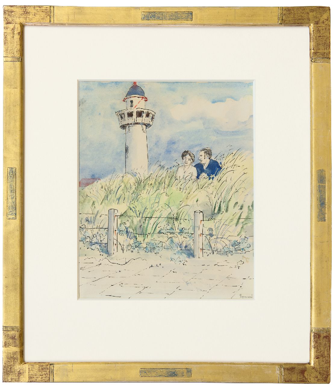 Kamerlingh Onnes H.H.  | 'Harm' Henrick Kamerlingh Onnes, A young couple in the dunes, Egmond aan Zee, pen, ink and watercolour on paper 25.7 x 21.0 cm, signed l.r. and dated '74