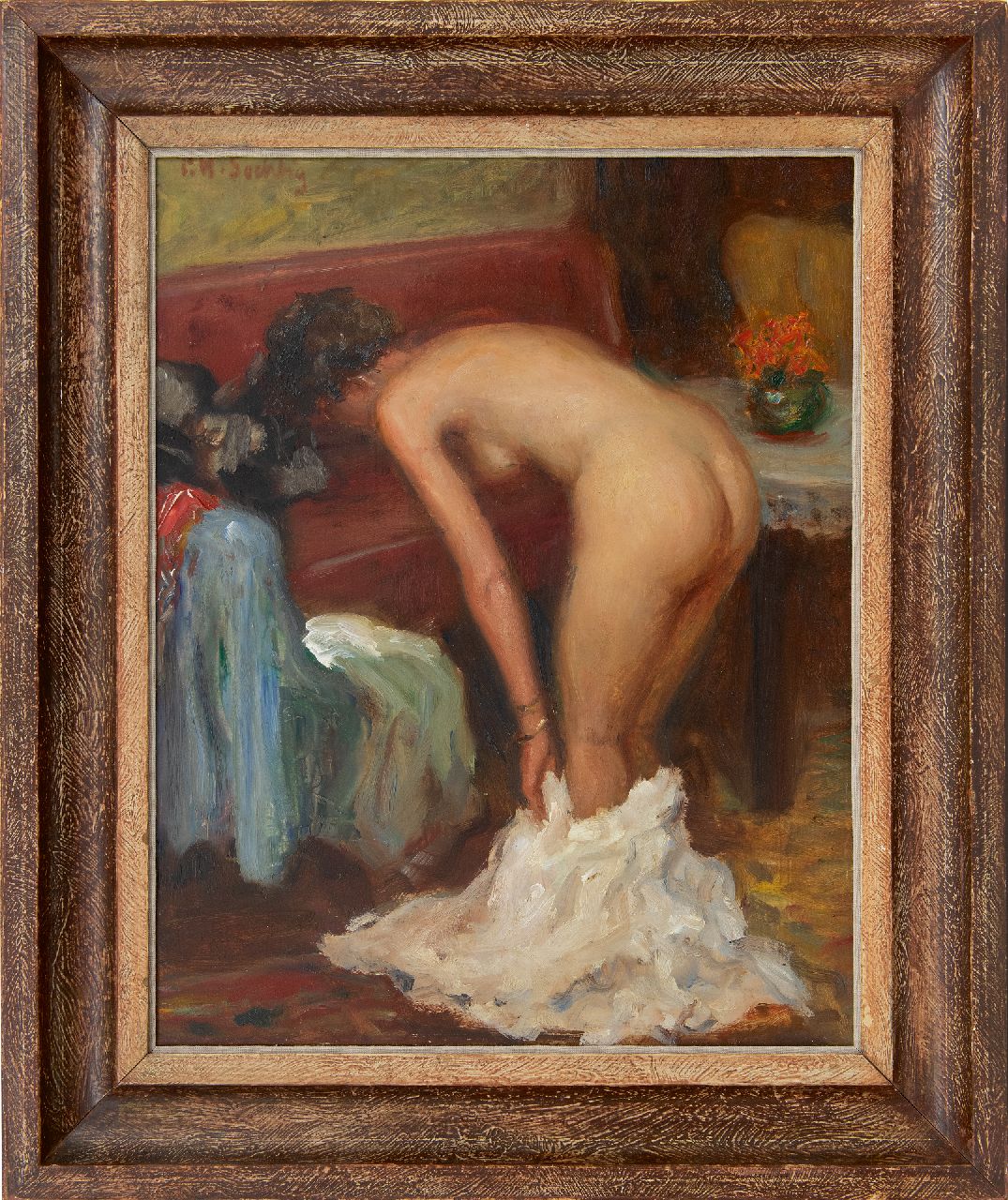 Söchtig P.W.  | Paul Werner Söchtig | Paintings offered for sale | A female nude standing in a boudoir, oil on board 50.3 x 40.1 cm, signed u.l.