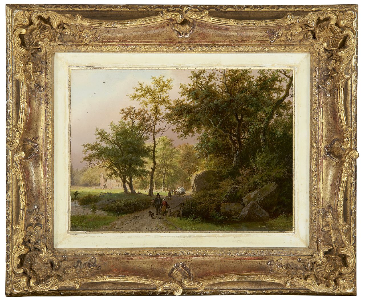 Koekkoek B.C.  | Barend Cornelis Koekkoek, Land folk on an wooded path, oil on panel 17.7 x 24.4 cm, signed l.c. and dated 1849