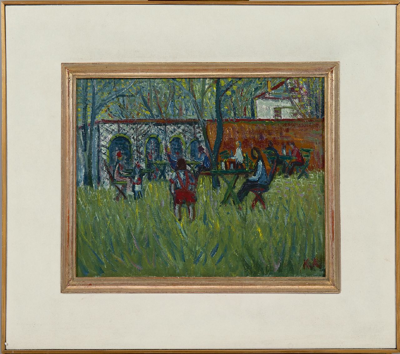 Andréa C.  | Cornelis 'Kees' Andréa, Terrace in a park, oil on canvas 23.0 x 29.0 cm, signed l.r. with initials and in full on the reverse