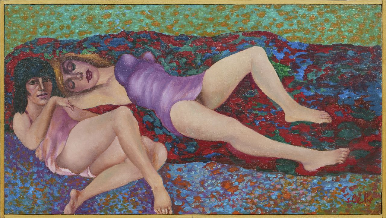 Slebe (Ferdinand Joseph Sleebe) F.  | Ferry Slebe (Ferdinand Joseph Sleebe) | Paintings offered for sale | Two women on the sofa, oil on panel 30.0 x 54.2 cm, signed l.r.