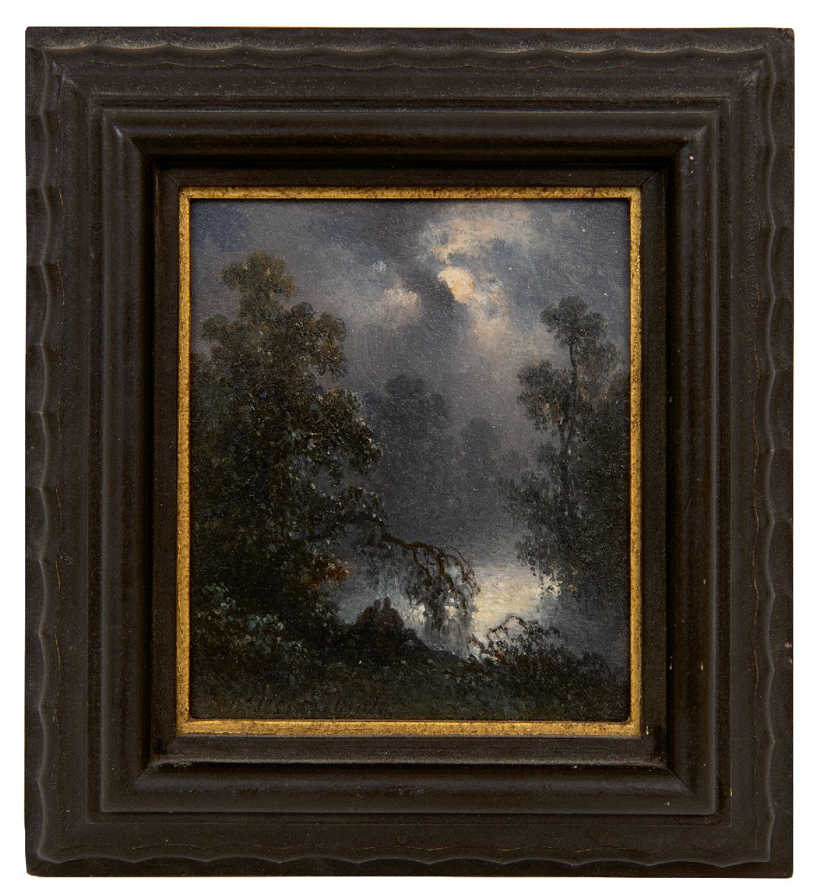 Hilverdink J.  | Johannes Hilverdink | Paintings offered for sale | A pond with two figures by moonlight, oil on panel 10.8 x 9.1 cm, signed l.l.