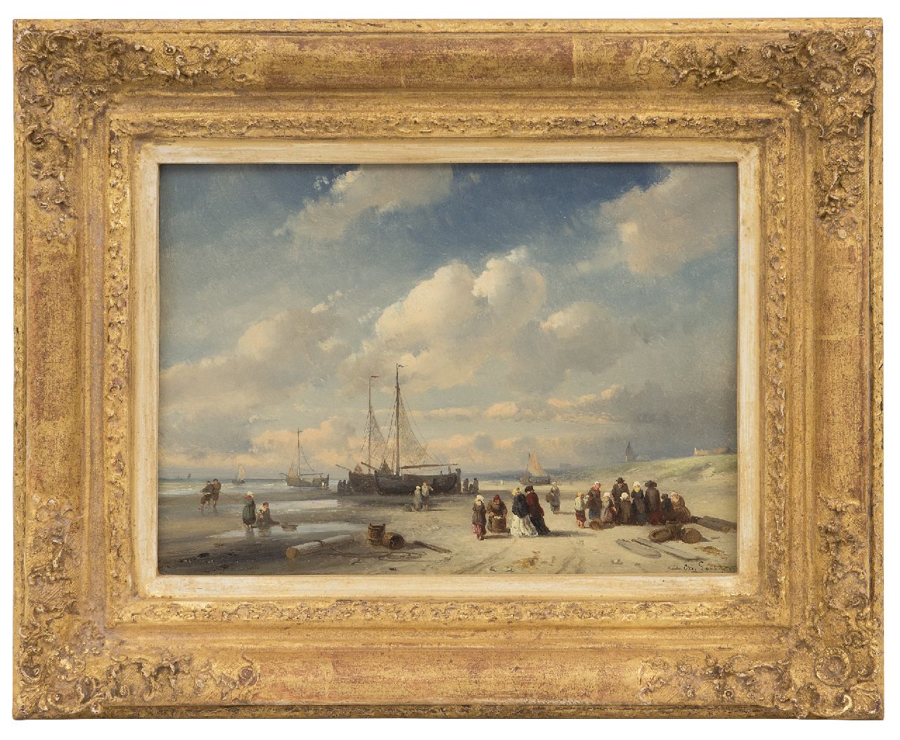 Leickert C.H.J.  | 'Charles' Henri Joseph Leickert | Paintings offered for sale | Fish market on the beach of Scheveningen, oil on panel 19.2 x 27.0 cm, signed l.r. and painted late 1850s