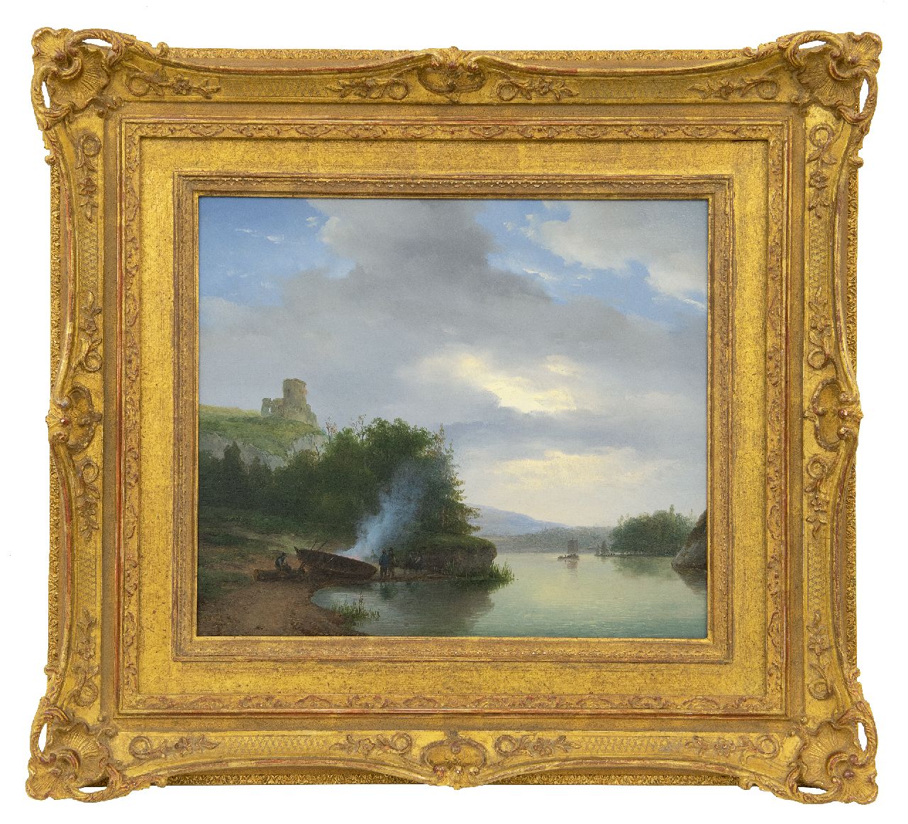 Schelfhout A.  | Andreas Schelfhout, A hilly river landscape with a ruin, oil on panel 32.9 x 38.2 cm, signed l.l. and painted mid '20
