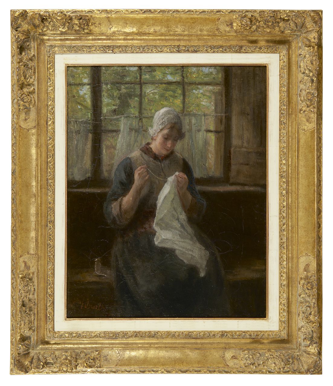 Israëls J.  | Jozef Israëls, A woman knitting, oil on canvas 56.6 x 45.3 cm, signed l.l.