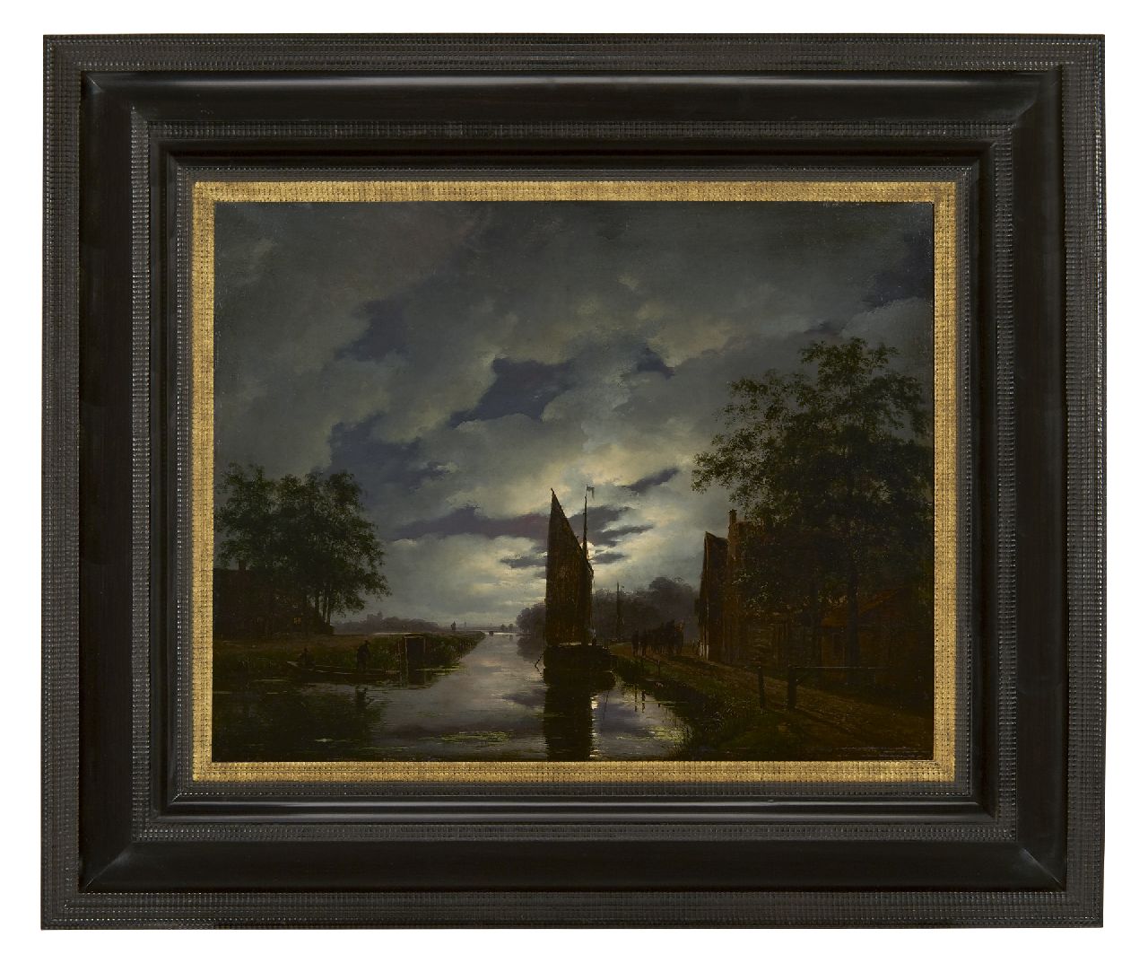 Schelfhout A.  | Andreas Schelfhout, A moonlit river landscape, oil on panel 38.2 x 49.3 cm, signed l.r. and painted ca. 1822