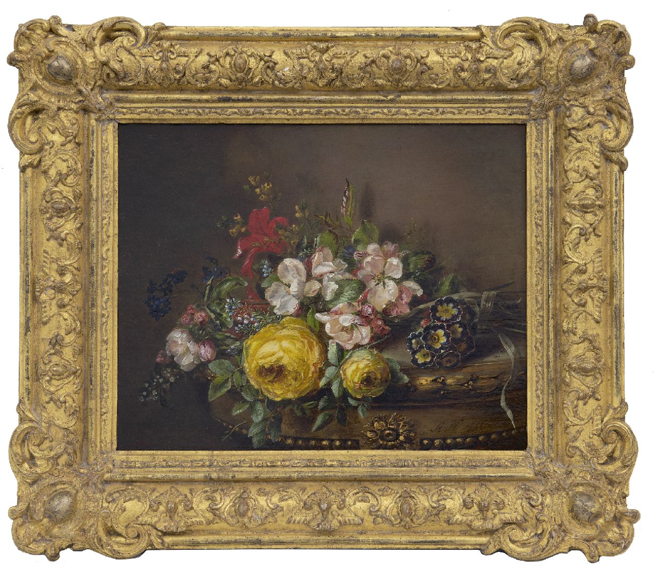 Haanen A.J.  | 'Adriana' Johanna Haanen, Mixed bouquet on a table, oil on panel 26.5 x 33.2 cm, signed l.r. and dated 1850