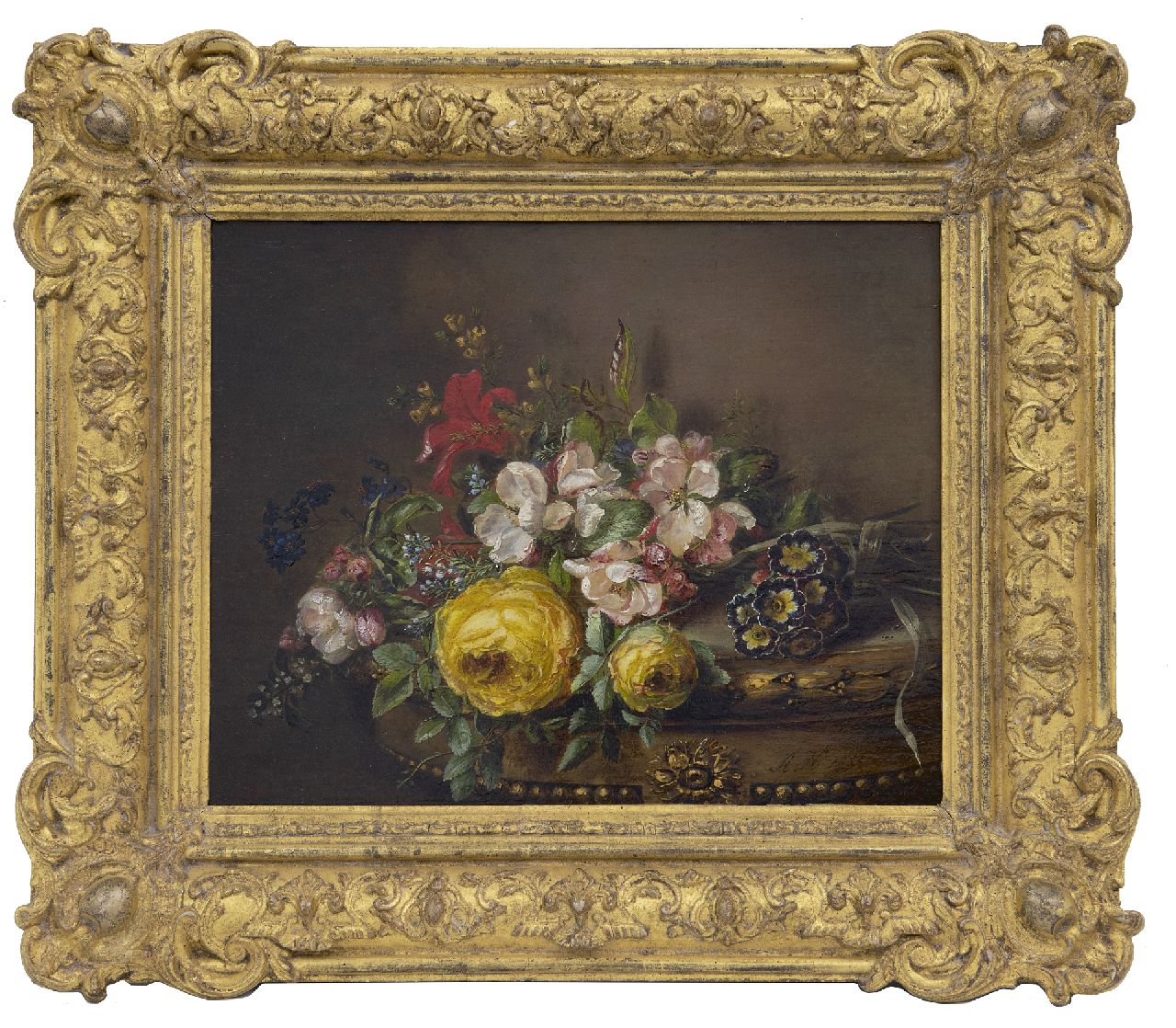 Haanen A.J.  | Adriana Johanna Haanen, Mixed bouquet on a table, oil on panel 26.5 x 33.2 cm, signed l.r. and dated 1850