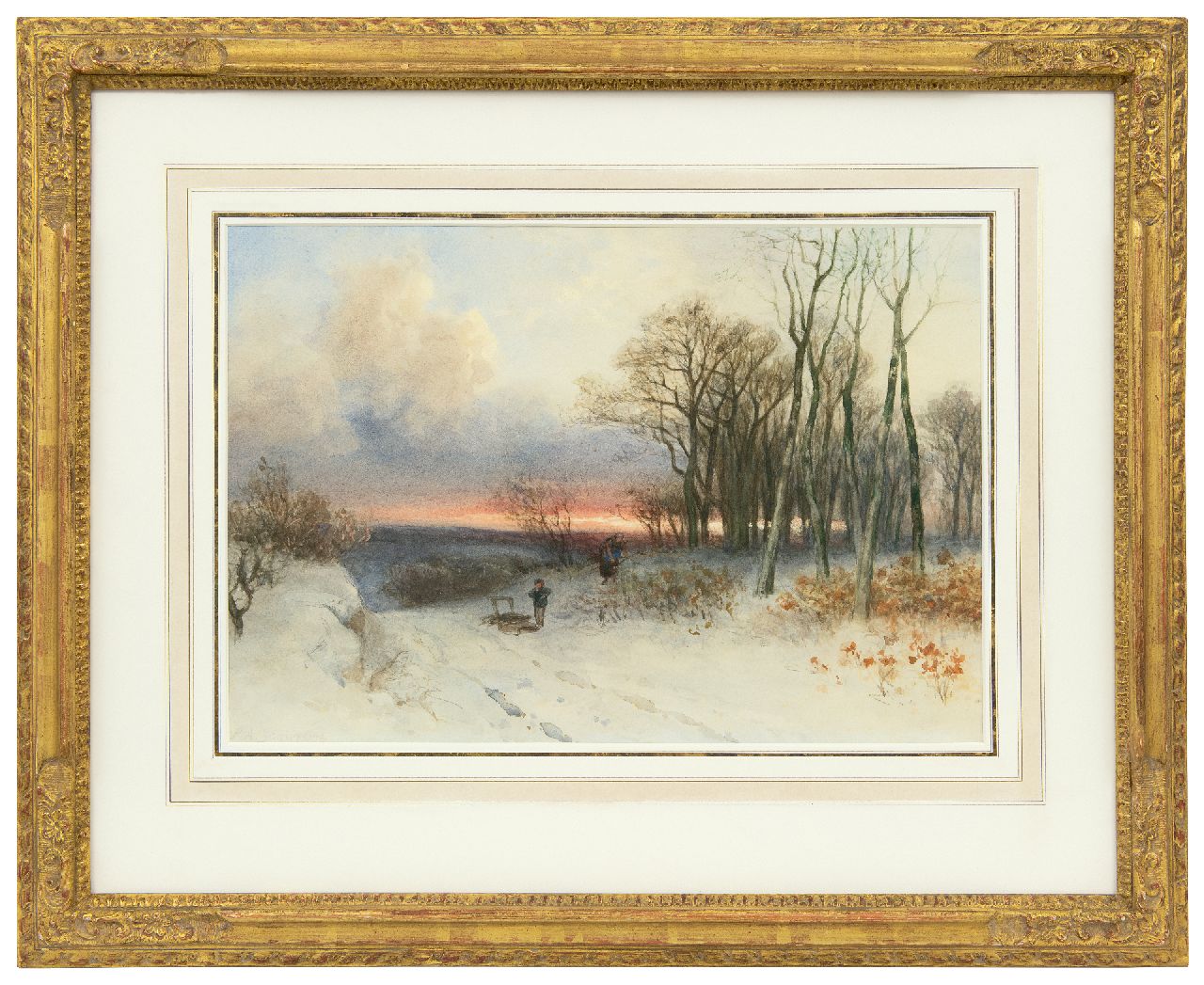 Schipperus P.A.  | Pieter Adrianus 'Piet' Schipperus | Watercolours and drawings offered for sale | Wood gatherers in a snowy landscape, watercolour on paper 40.0 x 50.0 cm, signed l.l.